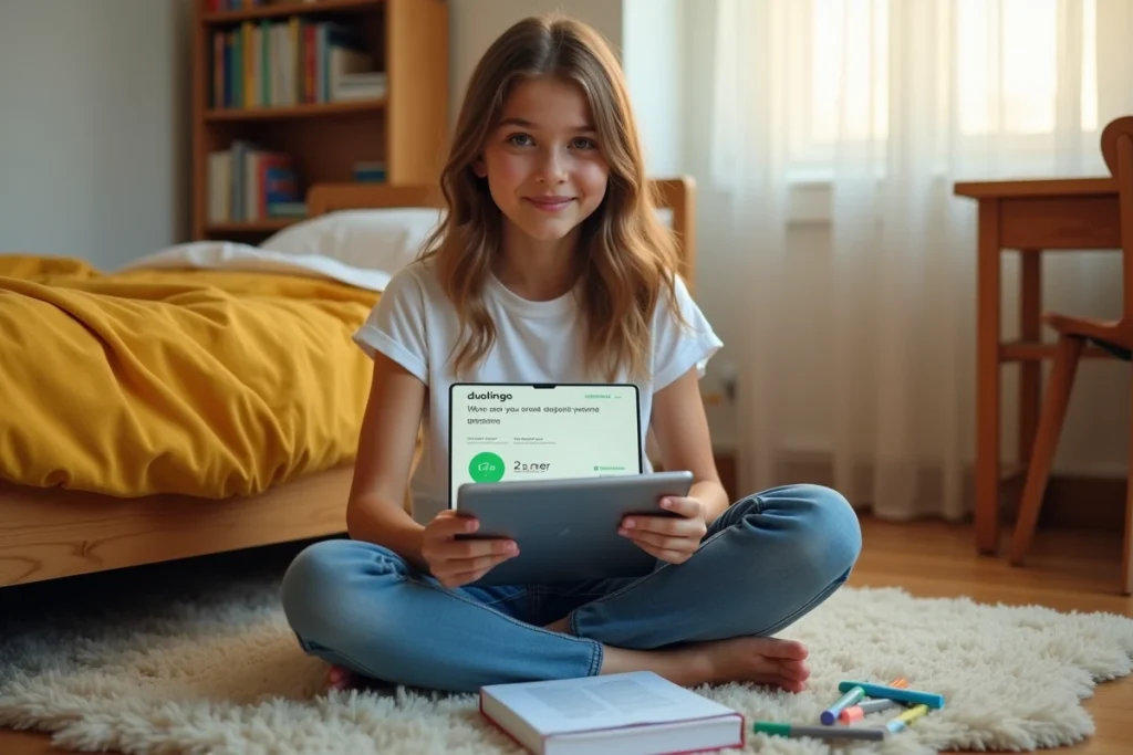 Adolescente apprenant l'italien gratuitement avec Duolingo sur une tablette dans sa chambre entourée de livres