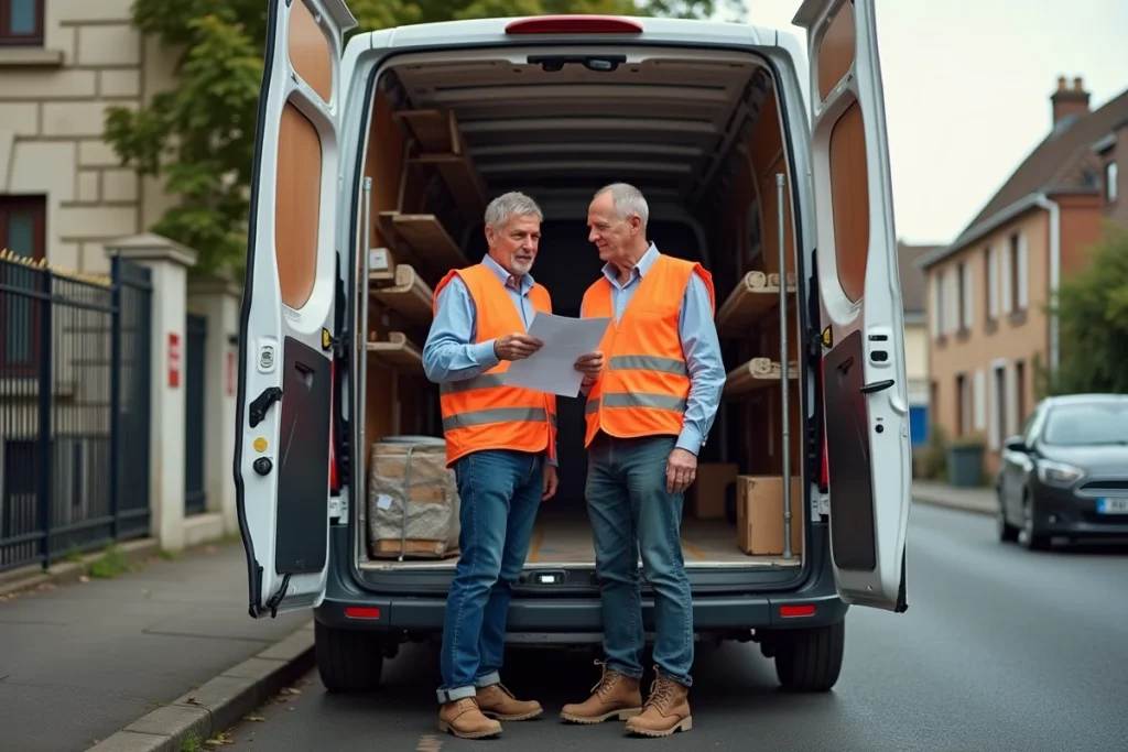 Deux artisans consultant un bon de location de matériel de chantier devant une camionnette chargée d'échafaudages