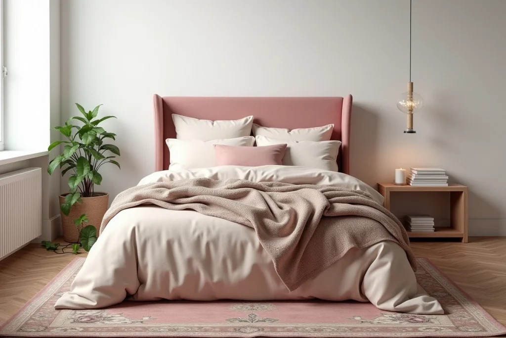 Chambre à coucher tendance avec tête de lit en lin rose poudré, plaid en maille grosse maille et décorations minimalistes