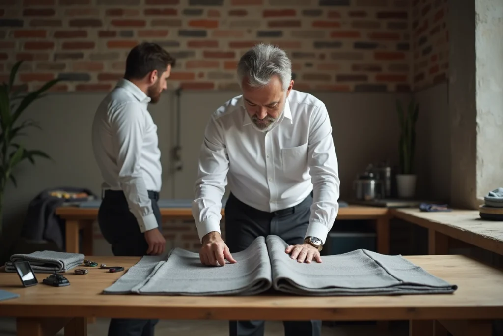 Expert en mode comparant un vêtement de créateur authentique et une imitation sur une table d'atelier