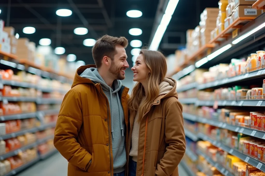 Couple en train de choisir leurs produits dans un rayon Carrefour pour optimiser leur commande sans rupture de stock