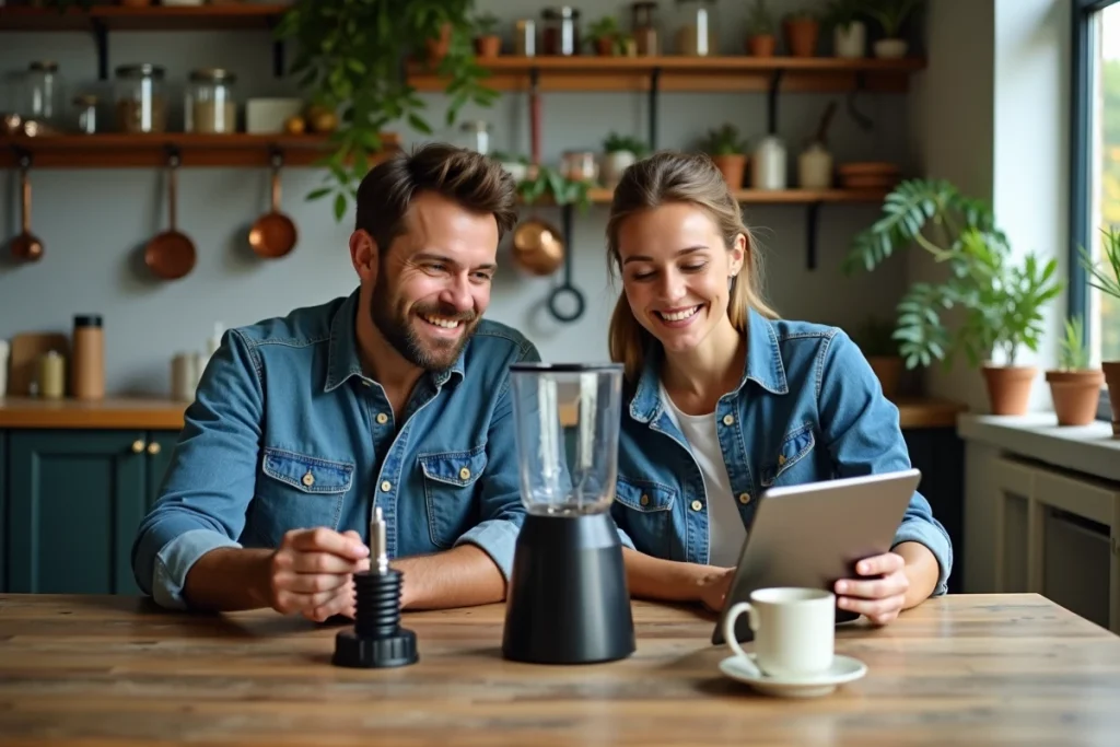 Couple réparant ensemble un mixeur démontable à une table de cuisine en bois avec tutoriel sur tablette