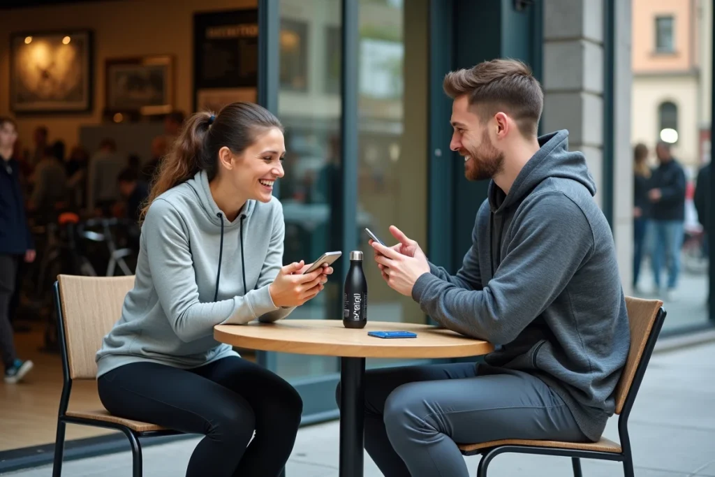 Un homme et une femme discutent du partage d'une carte Basic Fit attablés devant l'entrée d'une salle de sport