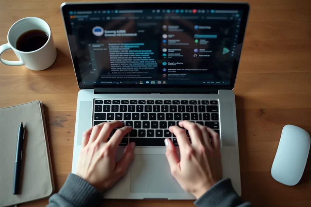 Vue de dessus de mains tapant sur un clavier d'ordinateur dans un café, symbolisant une enquête sur la fiabilité d'une plateforme numérique