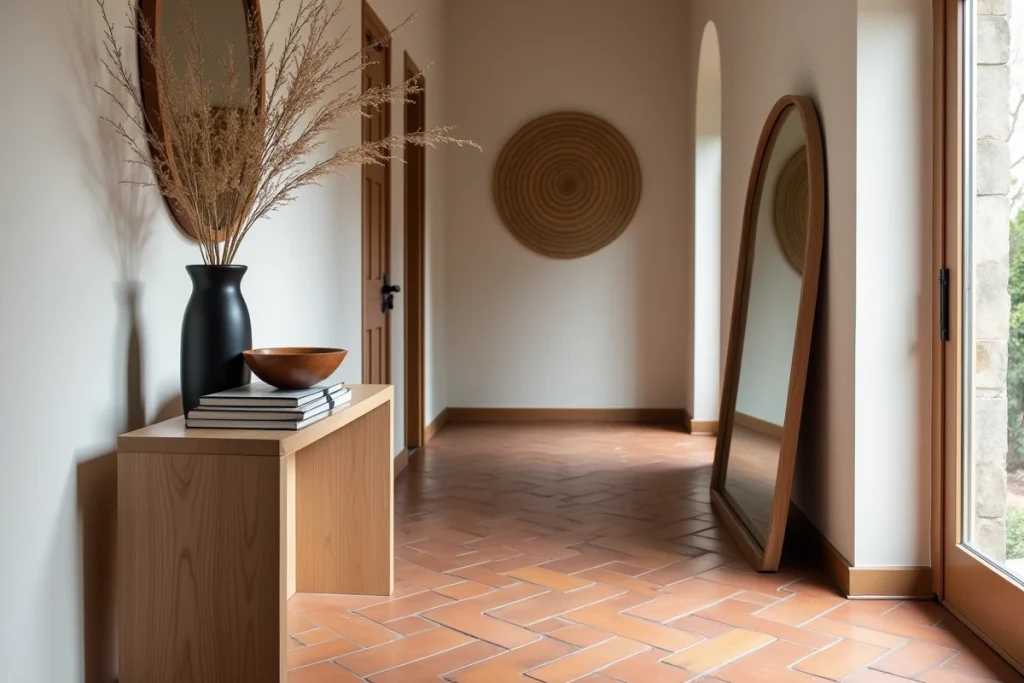 Entrée de maison décorée avec console en chêne, miroir arqué et composition florale séchée pour un intérieur tendance