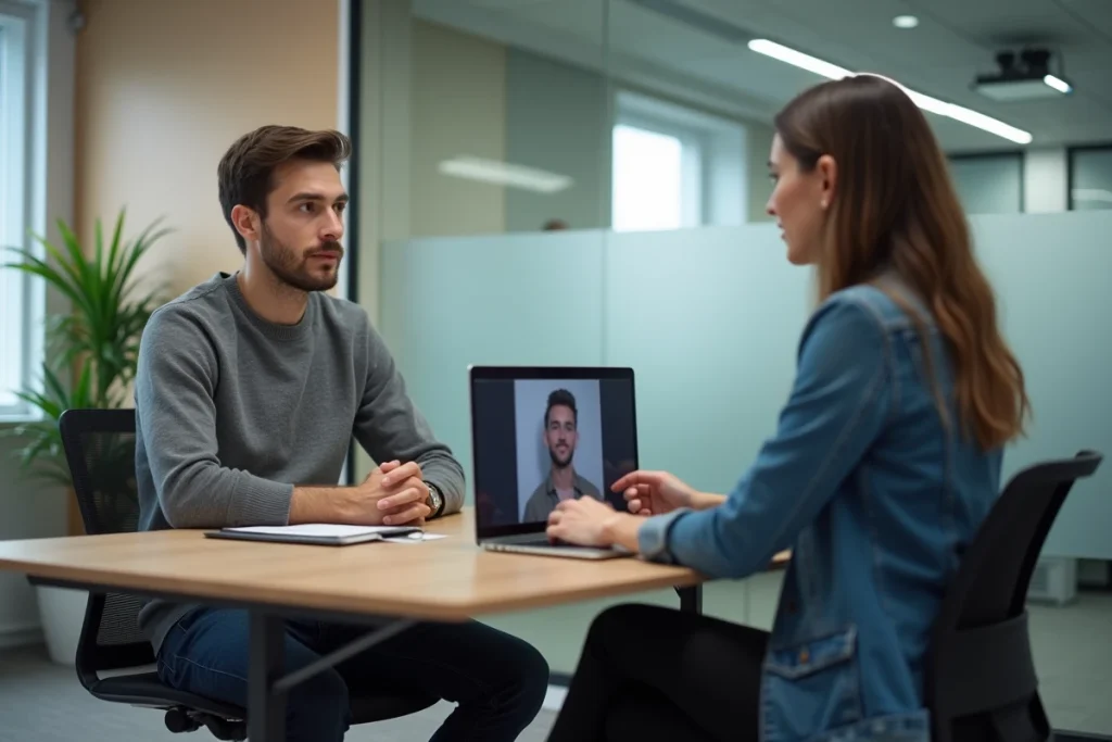 Homme en entretien de recrutement en ligne avec un recruteur dans un bureau moderne équipé d'une plateforme numérique de recrutement