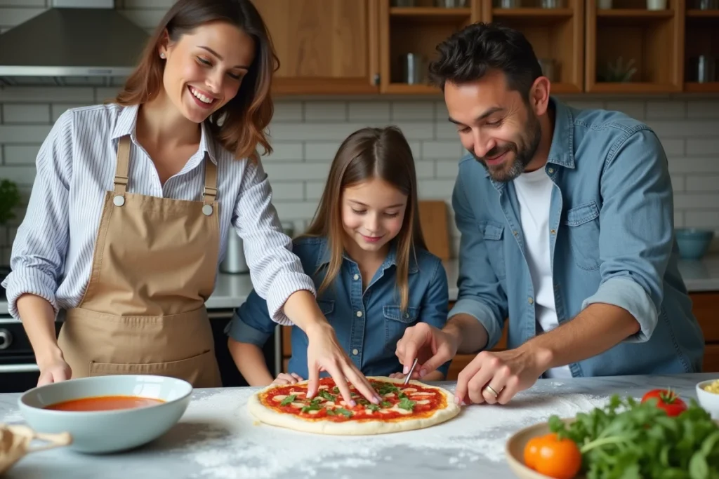 Mère, père et fille préparant ensemble une pizza maison dans une cuisine moderne pour un loisir culinaire en famille
