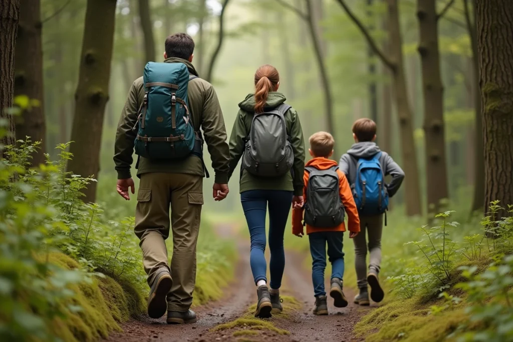 Famille en randonnée sur un sentier forestier entouré d'arbres, partageant un loisir nature en plein air