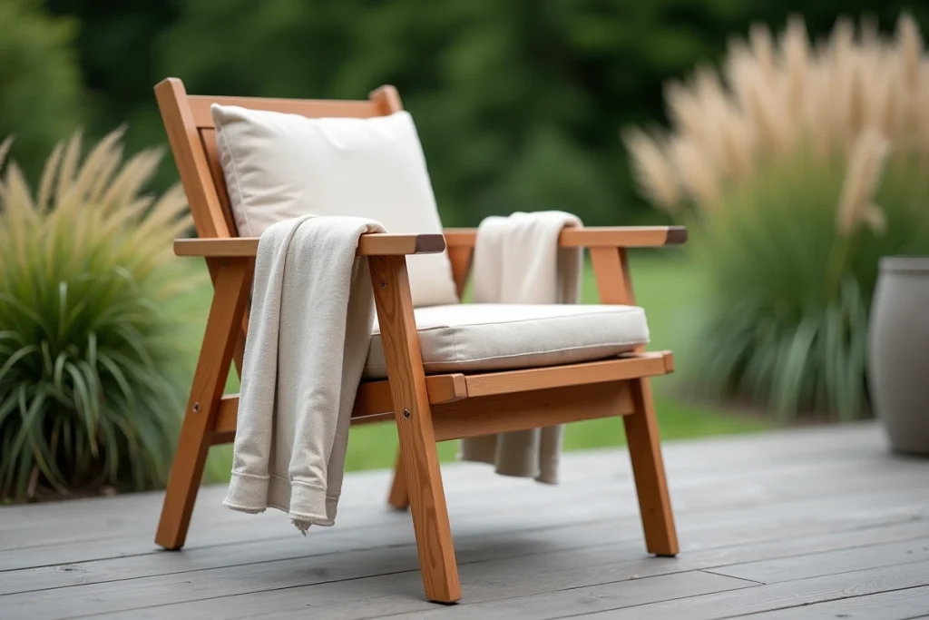 Gros plan sur un fauteuil de jardin en bois d'eucalyptus avec détails de menuiserie et plaid en lin sur l'accoudoir