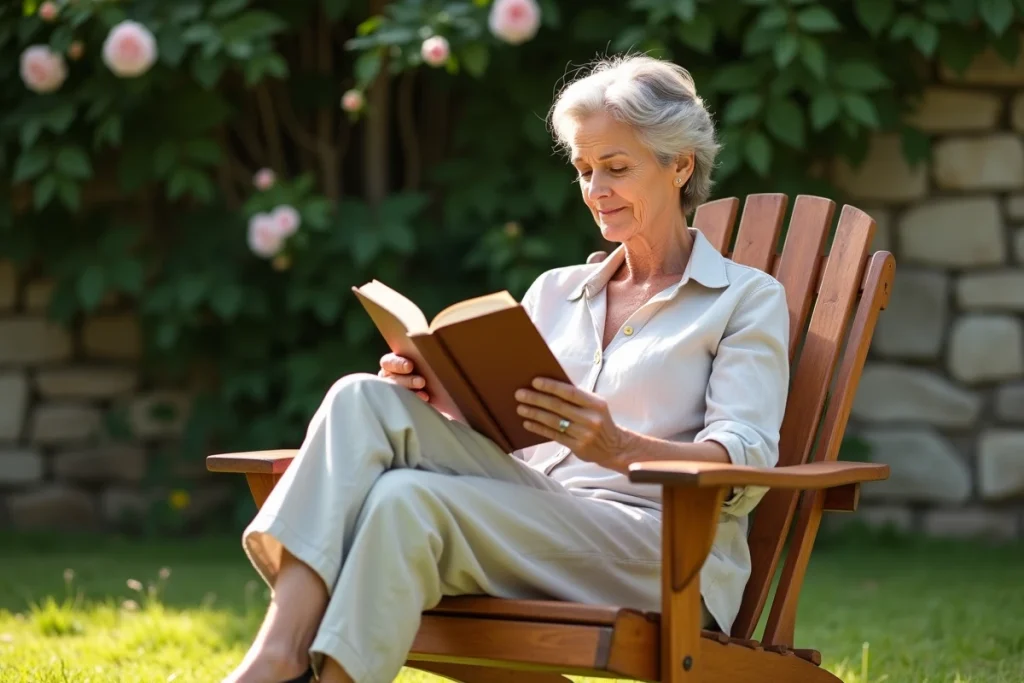 Femme lisant assise dans un fauteuil de jardin en bois d'acacia dans un jardin verdoyant et fleuri