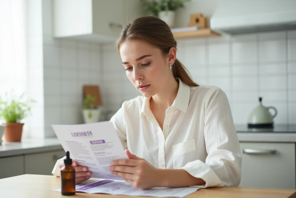Femme lisant la notice d'une huile essentielle de lavande dans une cuisine, représentant l'importance de bien s'informer sur les dangers et contre-indications