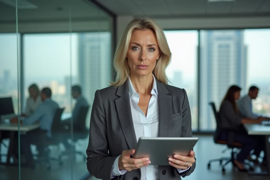 Femme professionnelle tenant une tablette affichant une interface web floue dans un bureau moderne, questionnant la fiabilité d'une plateforme en ligne