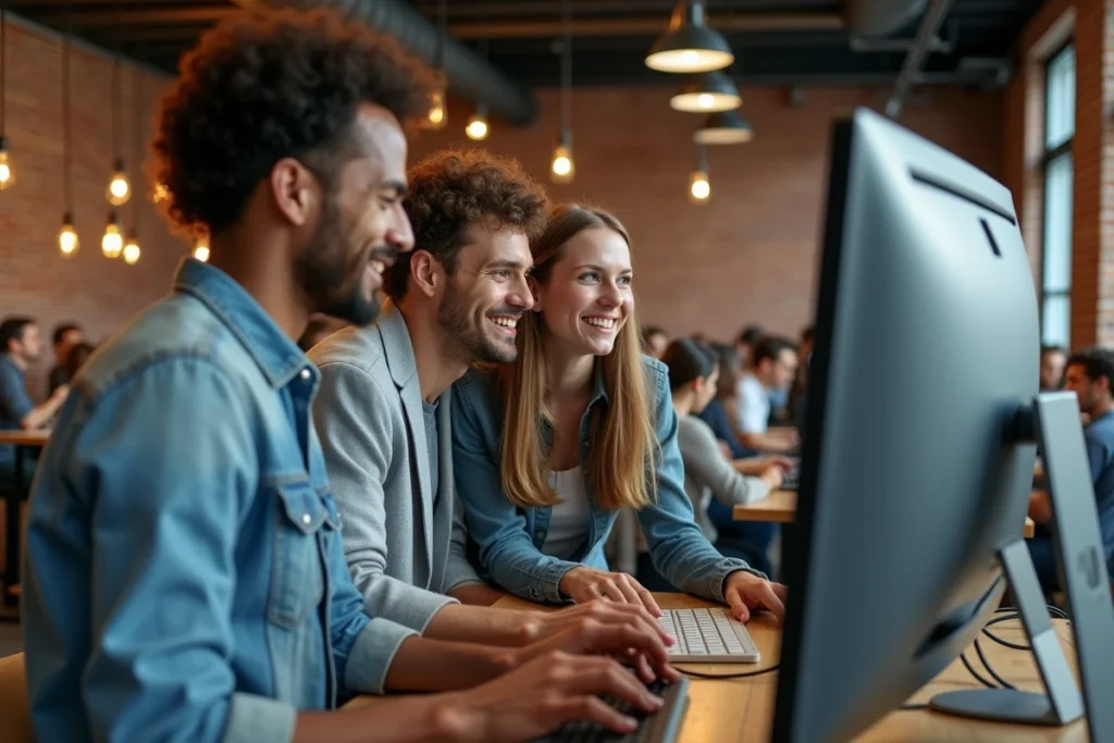 Groupe de jeunes professionnels explorant une plateforme d'emploi en ligne ensemble dans un espace de coworking dynamique