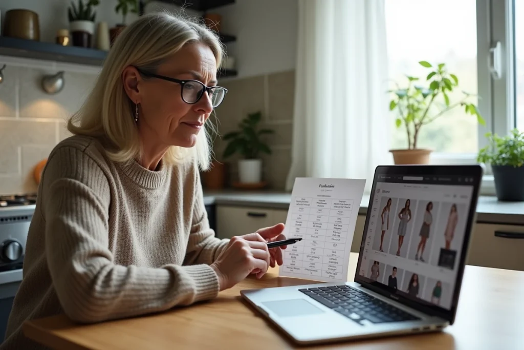 Femme consultant un guide des tailles en ligne pour commander la bonne taille sur Grain de Malice
