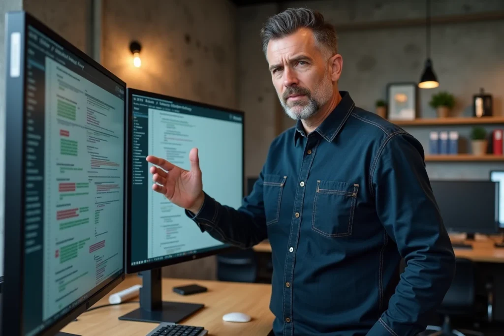 Homme analysant la structure d'un sitemap de site web sur un grand écran dans un espace de coworking