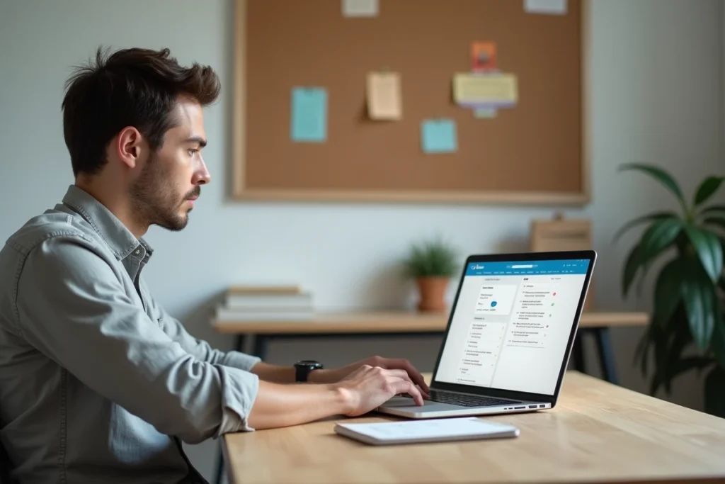 Homme adulte utilisant Duolingo sur ordinateur portable pour apprendre l'italien dans un bureau à domicile