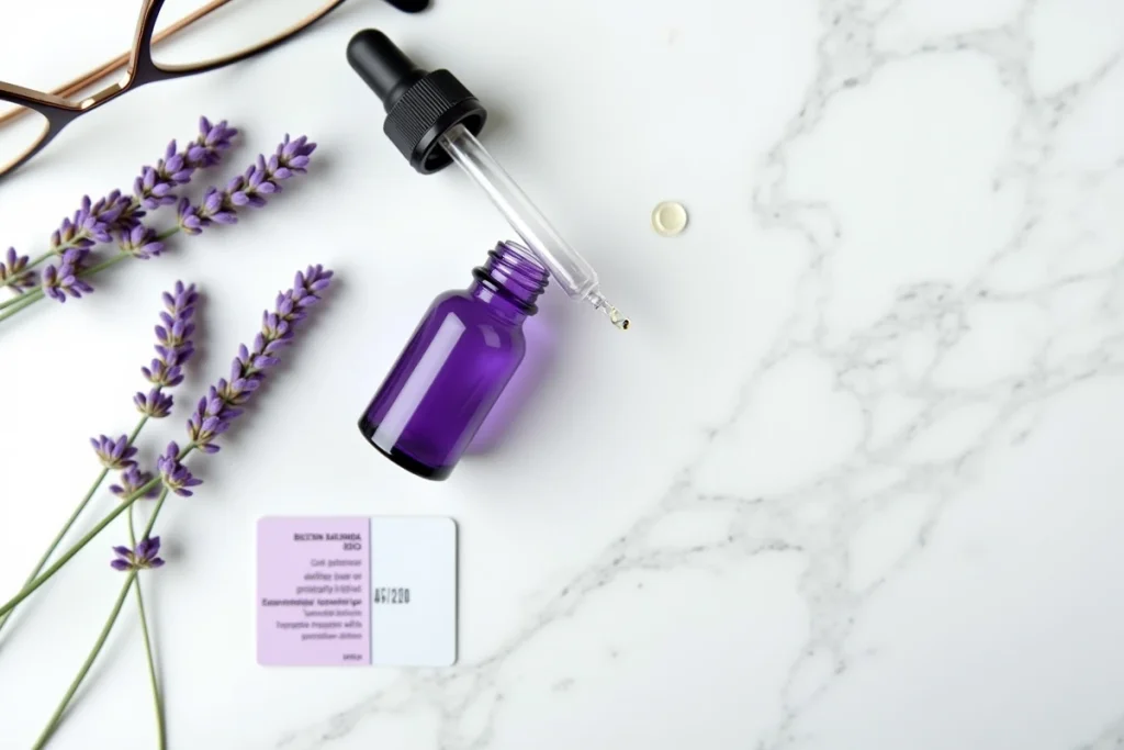 Vue de dessus d'un flacon d'huile essentielle de lavande avec une carte d'avertissement sur les risques hormonaux, composition éditoriale sur marbre blanc