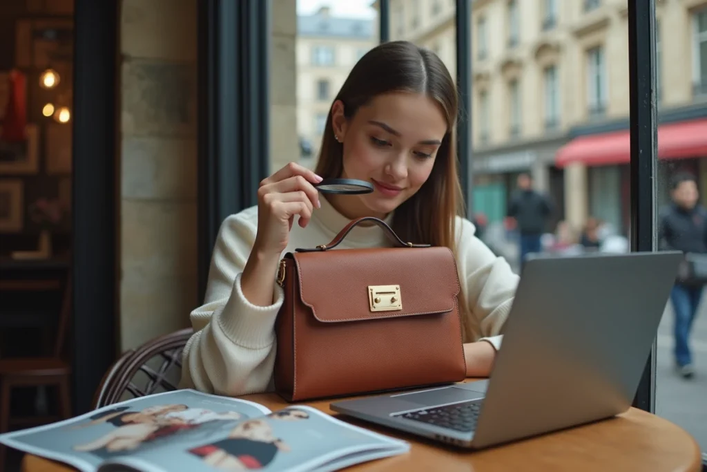 Jeune femme inspectant les finitions d'un sac de créateur dans un café parisien avec magazine de mode