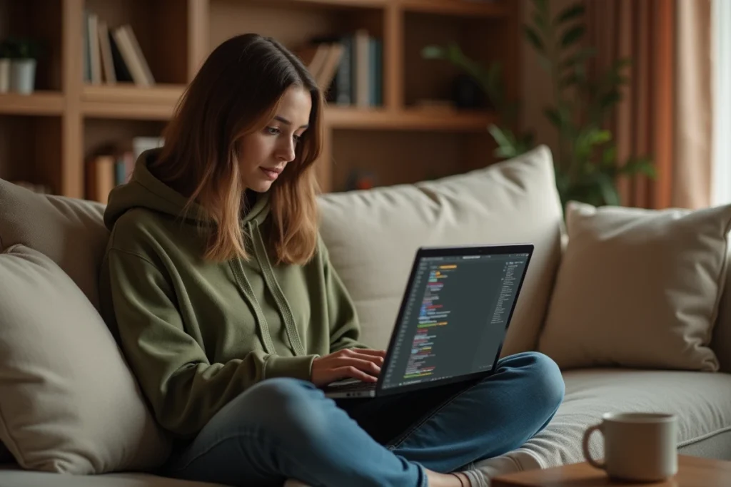 Jeune femme parcourant un sitemap XML sur son ordinateur portable depuis son canapé