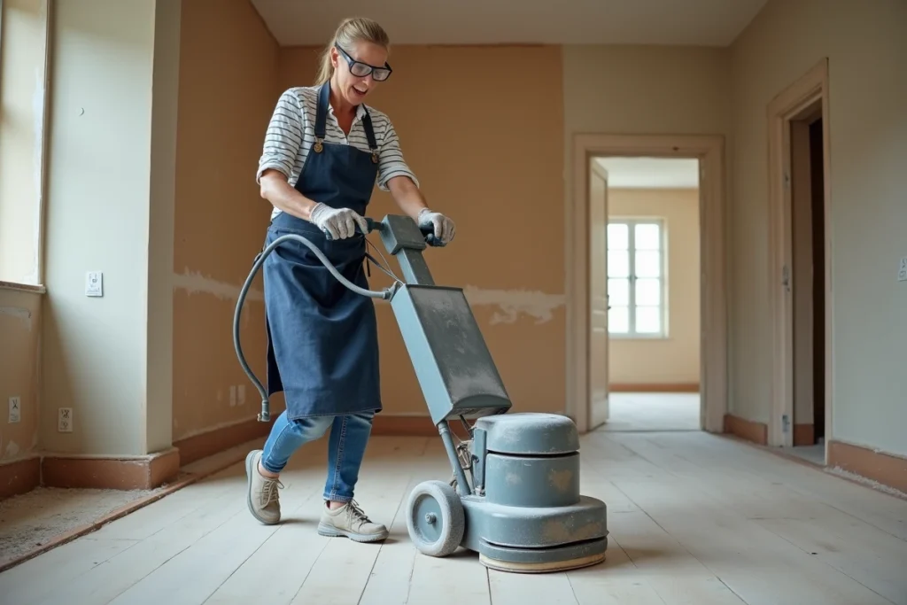 Femme utilisant une ponceuse de parquet en location dans un salon en cours de rénovation pour réduire les coûts
