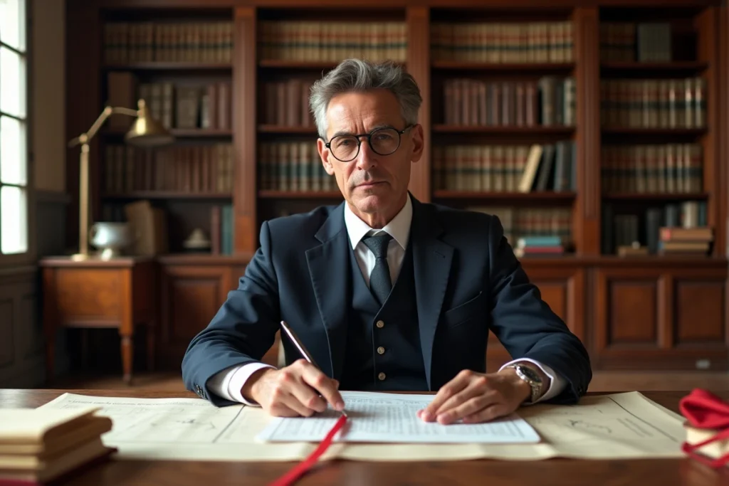 Notaire français examinant des documents officiels de vente immobilière d'un château dans son étude