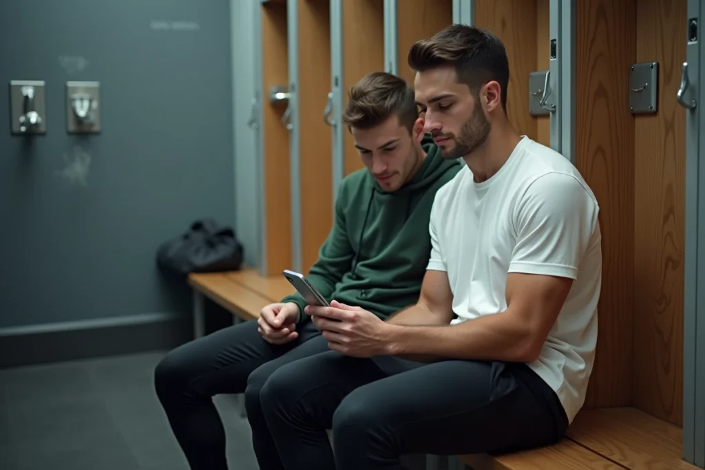Deux amis consultent une application de carte de fitness partagée dans un vestiaire de salle de sport