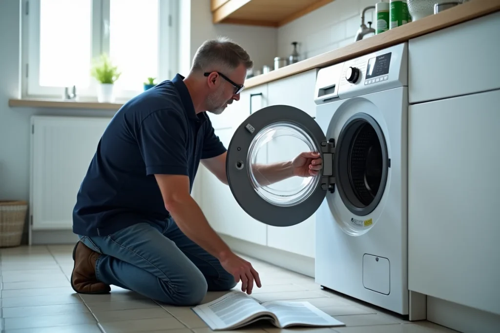 Homme inspectant l'intérieur d'un lave-linge ouvert dans une buanderie moderne pour le réparer