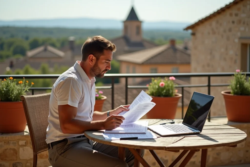 Propriétaire analysant les revenus locatifs Airbnb sur une terrasse avec vue sur les toits de Pézenas