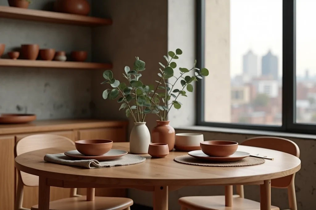 Table à manger ronde en noyer avec vaisselle en grès terracotta et décoration végétale dans un appartement moderne