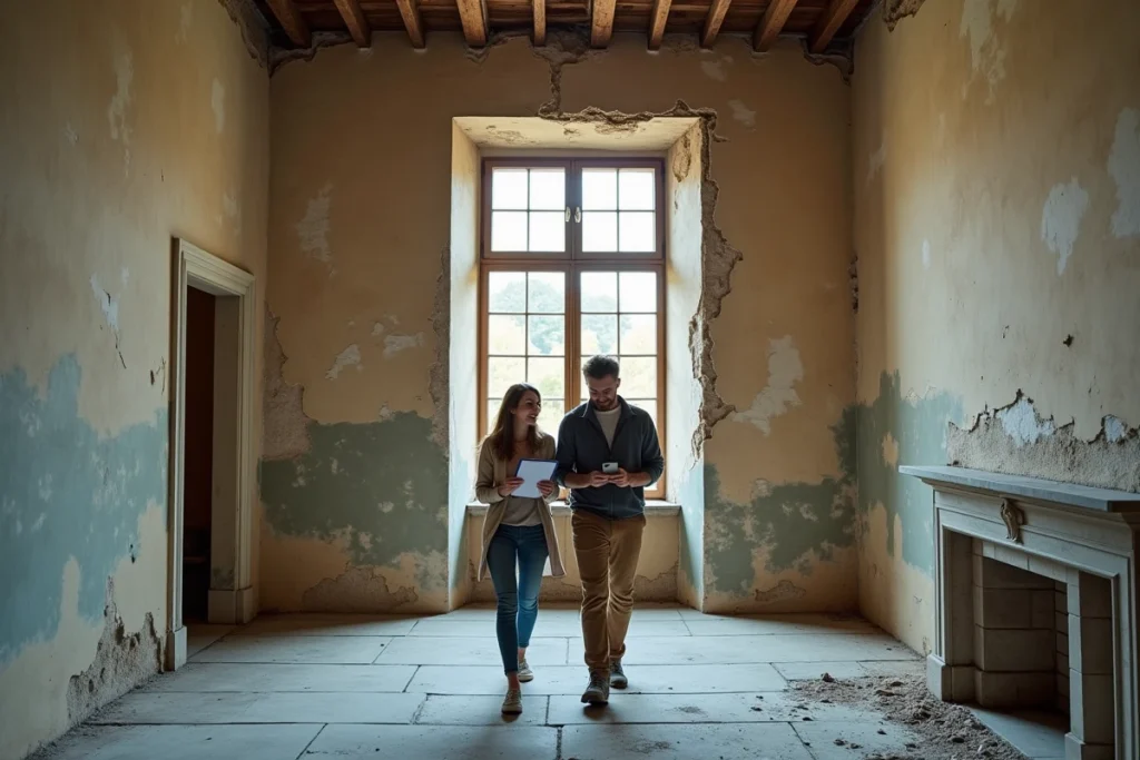 Couple visitant l'intérieur délabré d'un château abandonné en France lors d'une inspection avant achat