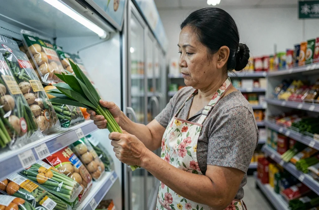 Femme choisissant des feuilles de pandan fraîches dans le rayon réfrigéré d'un supermarché asiatique