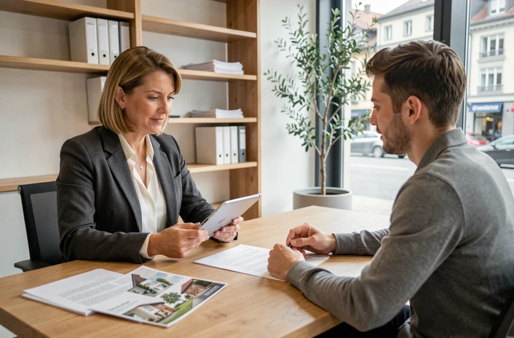 Agent immobilière présentant un contrat d'achat à un client dans une agence moderne à Genève