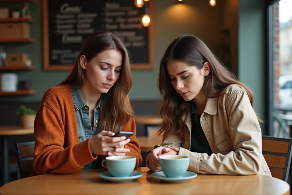 Deux amies dans un café, l'une scrutant Messenger sur son téléphone pour savoir si elle a été mise en sourdine