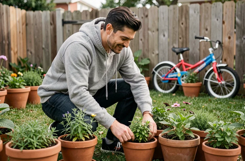 Homme dans un jardin familial en banlieue, s'occupant de plantes en pot dans une atmosphère détendue et authentique, loin des projecteurs médiatiques