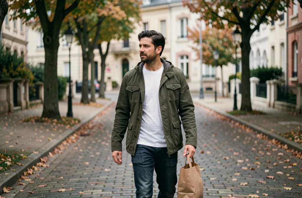 Portrait candide d'un homme discret marchant dans une rue résidentielle française tranquille avec des courses, illustrant une vie ordinaire loin de la célébrité