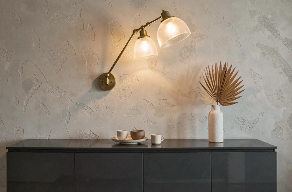 Applique murale design en laiton avec bras articulé montée au-dessus d'un buffet laqué anthracite dans un salon moderne