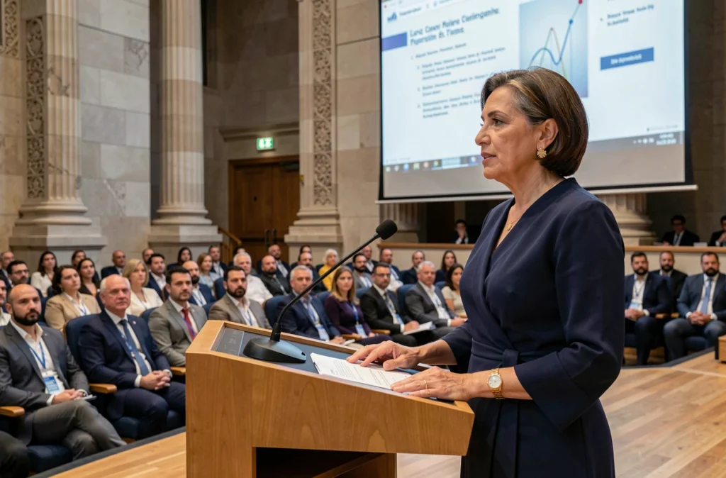 Femme inspirante prenant la parole lors d'une conférence internationale, illustrant le leadership de Carole Nahas Ghosn