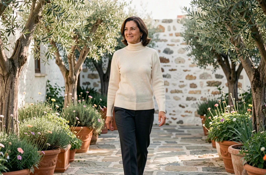 Portrait en extérieur d'une femme d'exception se promenant dans un jardin méditerranéen, évoquant l'élégance et la sérénité