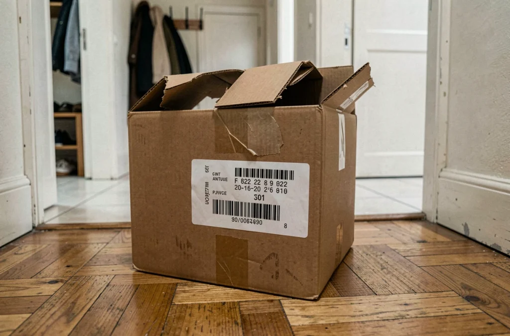 Colis endommagé avec étiquette postale française posé sur le parquet d'une entrée d'appartement