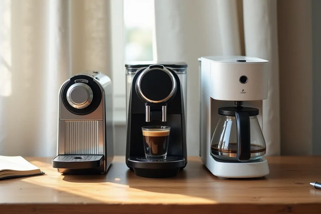 Comparaison de trois machines à café différentes posées sur une surface en bois naturel pour guider le choix du consommateur