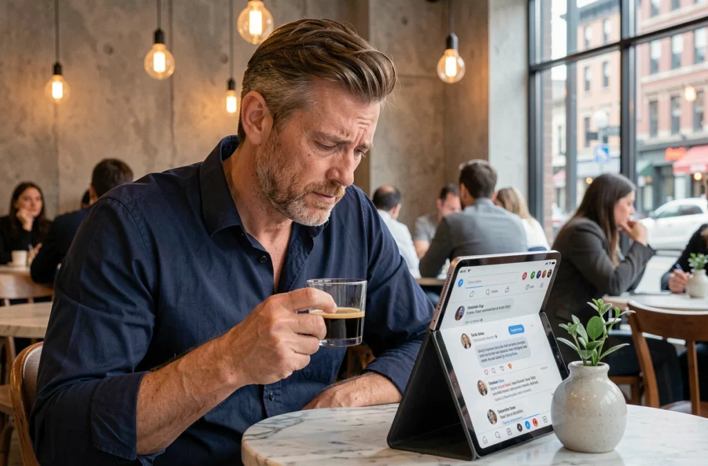 Homme lisant des débats sur les réseaux sociaux depuis un café urbain sur tablette numérique