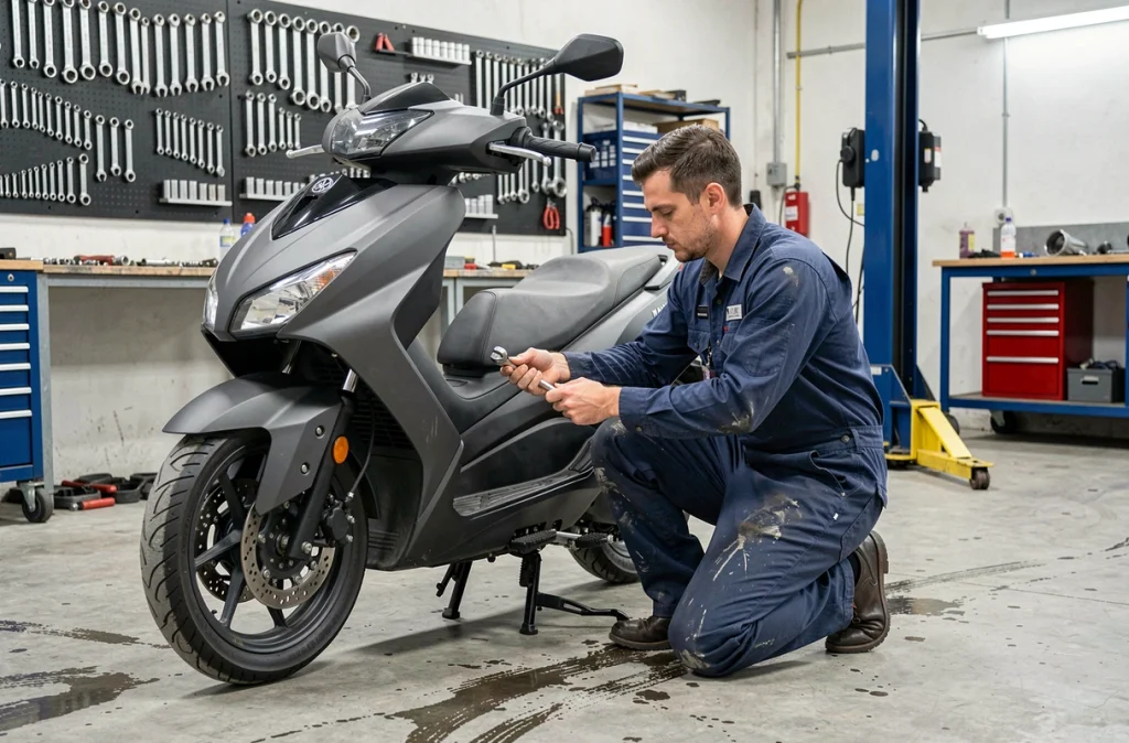 Technicien moto en train de débrider un scooter Yamaha XMAX 125 dans un atelier mécanique