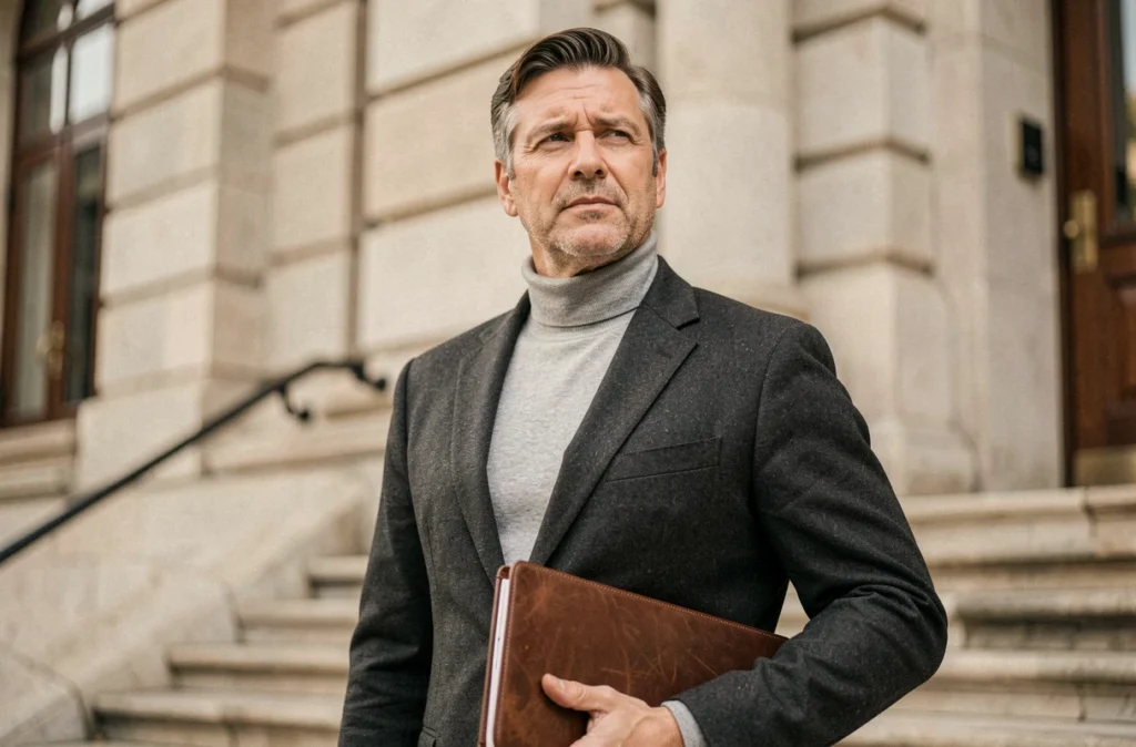 Portrait éditorial d'un homme d'affaires accompli devant un bâtiment institutionnel prestigieux, symbolisant la richesse et le succès d'Emmanuel de Villiers
