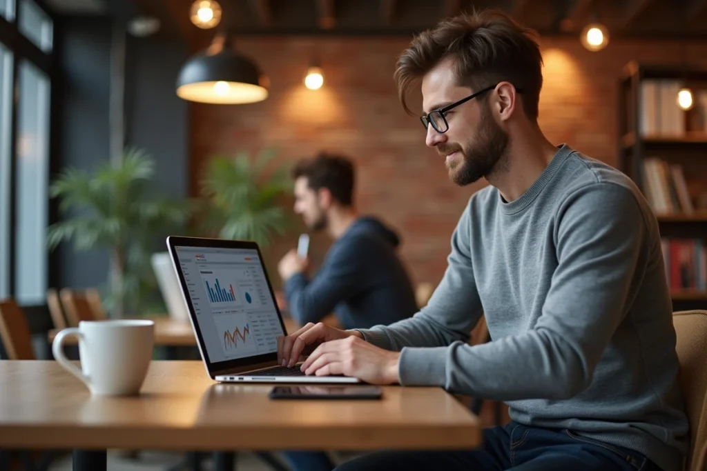 Jeune entrepreneur travaillant sur une solution web innovante pour améliorer la visibilité en ligne de son entreprise dans un espace de coworking