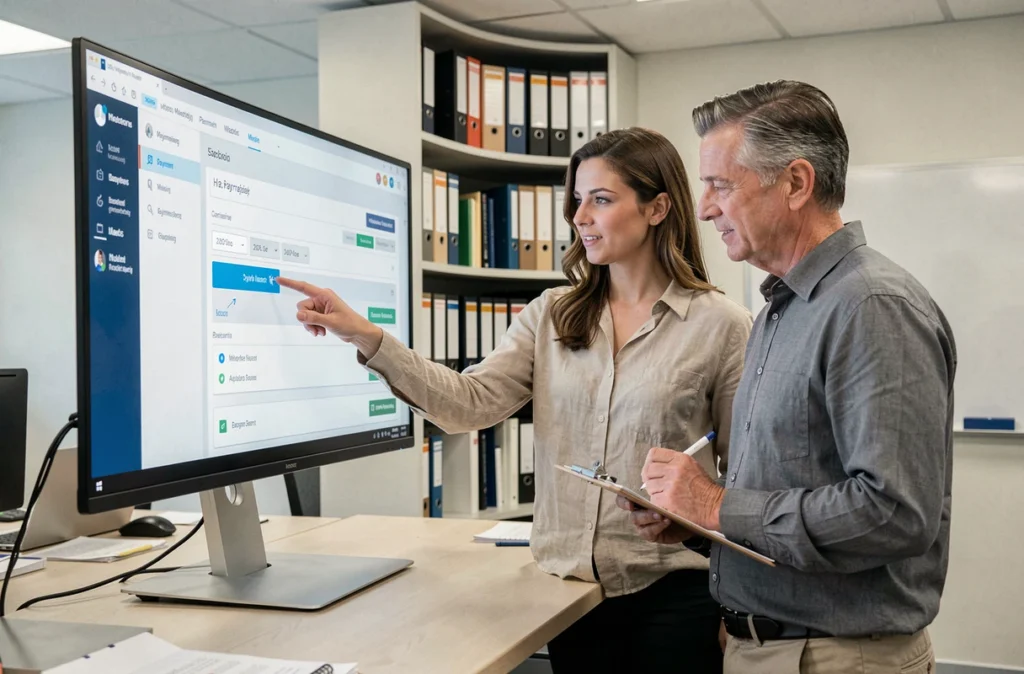 Deux collègues analysant un logiciel de gestion des paiements de vacataires dans un espace de travail moderne