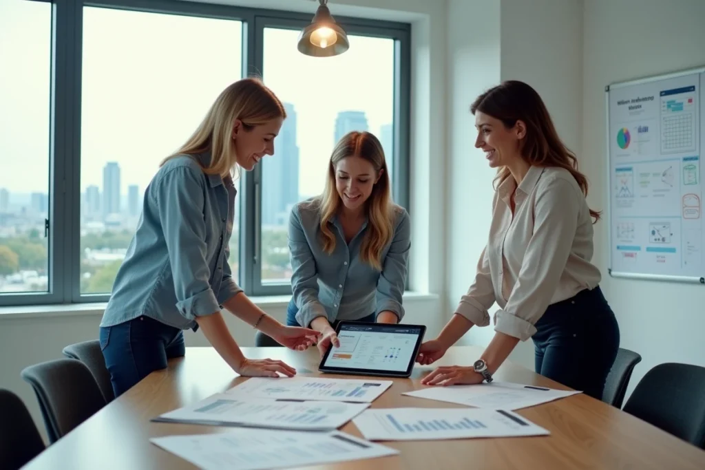 Équipe professionnelle en réunion analysant une stratégie web innovante pour booster la visibilité d'une entreprise avec vue sur la ville