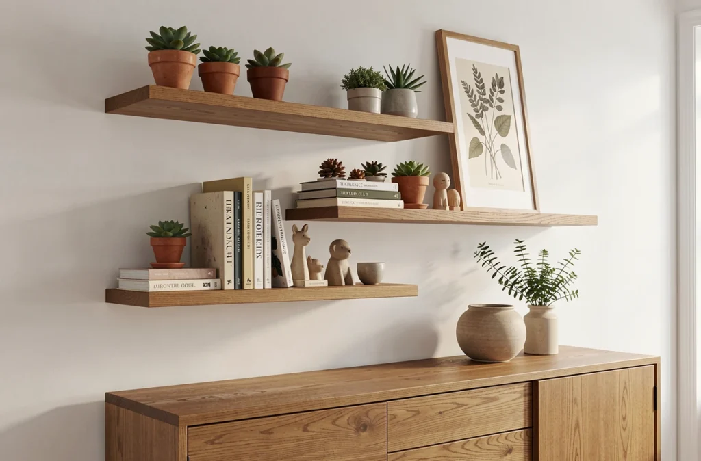 Composition d'étagères murales en bois flottantes au-dessus d'un buffet en chêne avec plantes et objets décoratifs