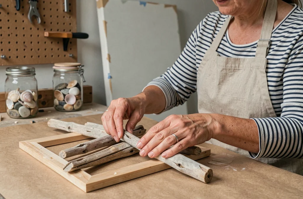 Femme assemblant des morceaux de bois flotté sur un cadre en bois dans un atelier artisanal fait maison