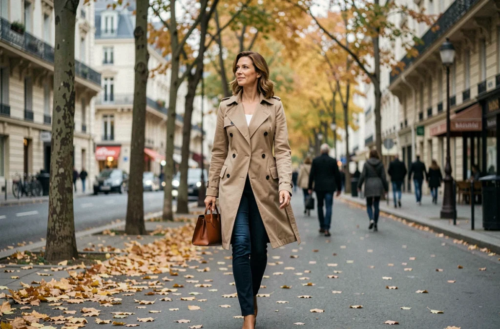 Femme élégante marchant seule sur un boulevard parisien en automne, style de vie discret et anonymat préservé