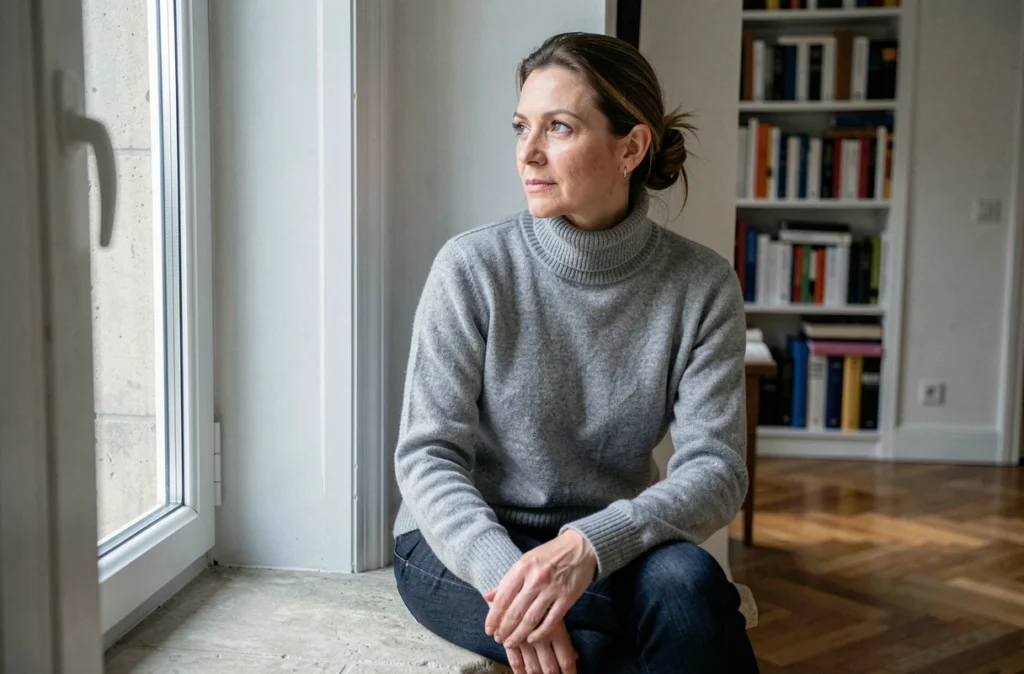 Femme pensive assise près d'une fenêtre dans un appartement parisien, atmosphère intime et vie privée préservée